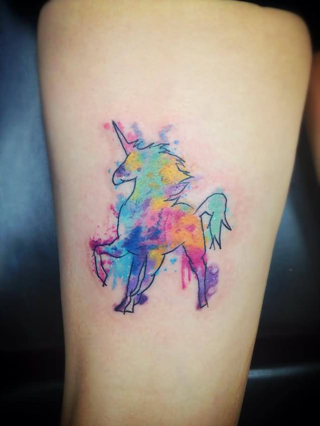 Watercolor Unicorn Tattoo Design For Thigh