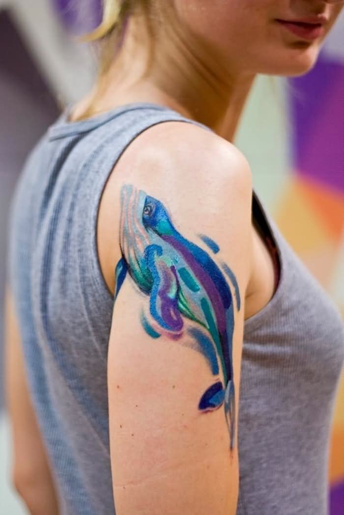 Watercolor Whale Tattoo On Girl Right Shoulder