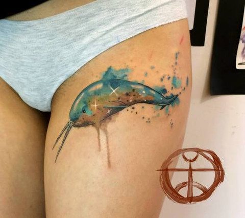 Watercolor Whale Tattoo On Girl Thigh