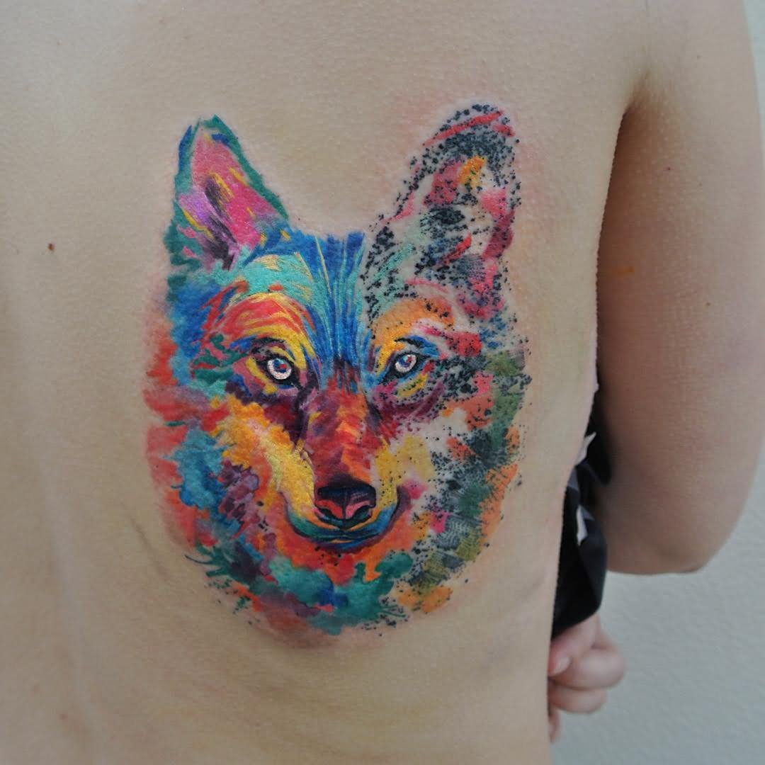 Watercolor Wolf Head Tattoo Design For Back Shoulder