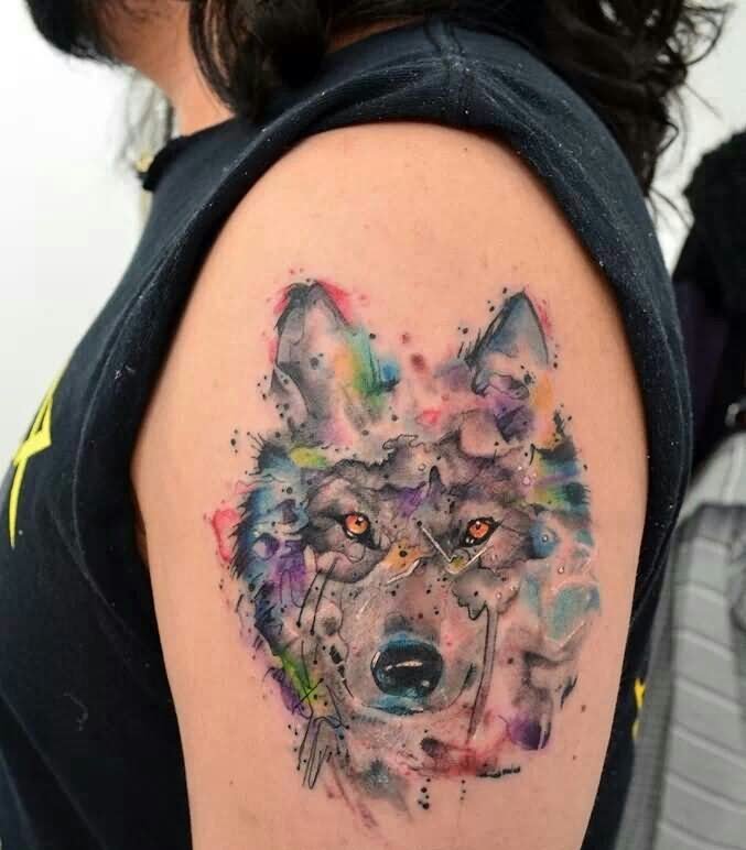 Watercolor Wolf Head Tattoo On Man Left Shoulder