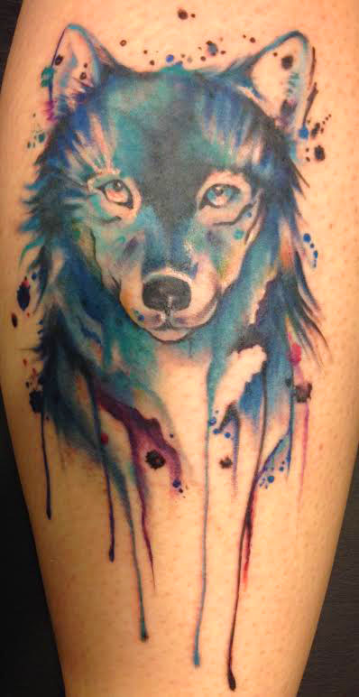 Watercolor Wolf Tattoo Design For Leg