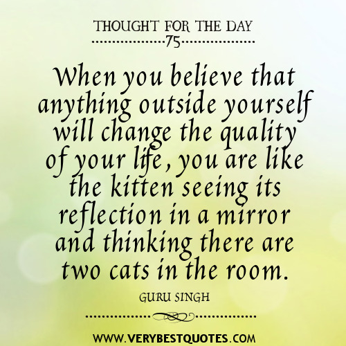 When you believe that anything outside yourself will change the quality of your life, you are like the kitten seeing its reflection in a mirror and thinking there are two cats in the room  - Guru Singh