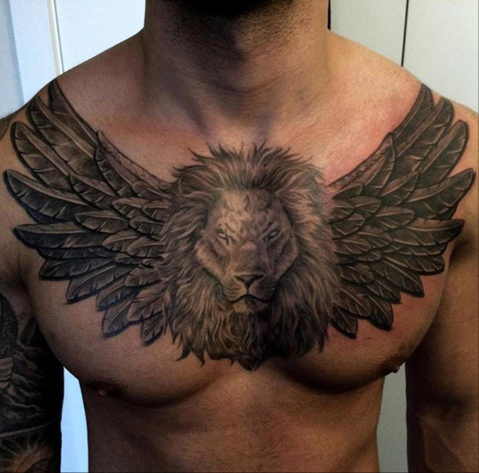 Winged Lion Head Tattoo On Chest by Damonh Tattoos