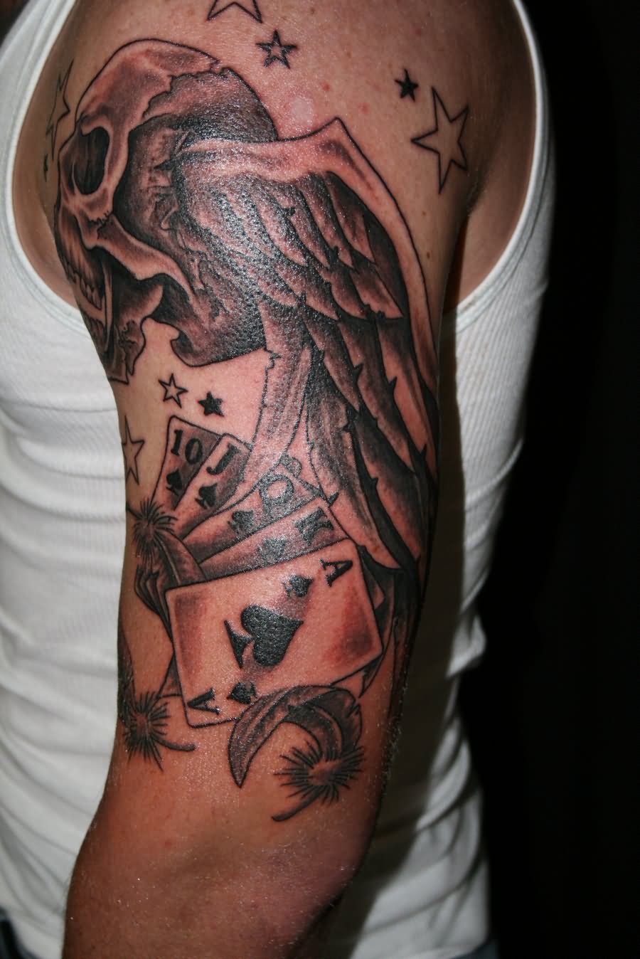 Winged Skull And Playing Cards Half Sleeve Tattoo