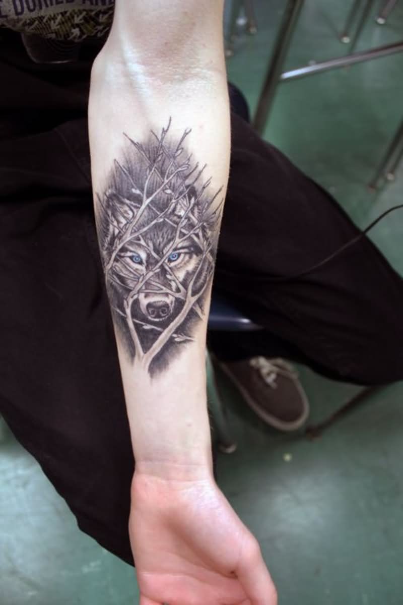 Wolf Head With Tree Tattoo On Left Forearm