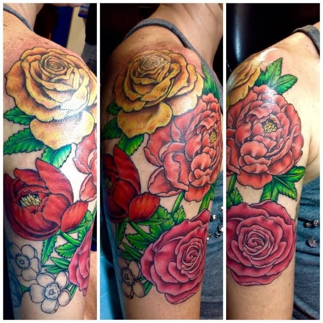 Yellow And Red Rose Flowers Tattoo On Half Sleeve