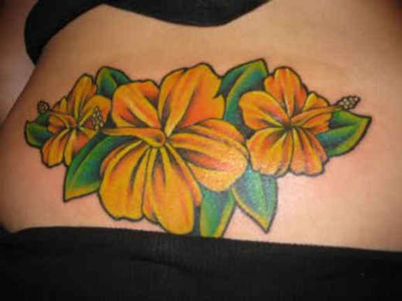 Yellow Hibiscus Flowers Tattoo Design For Lower Back