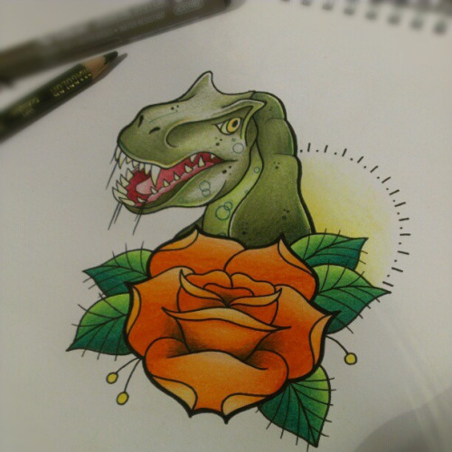 Yellow Rose And Dinosaur Tattoo Design