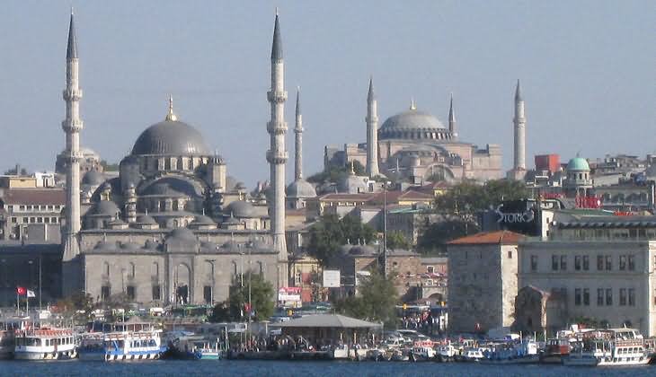Yeni Cami Mosque And Hagia Sophia View Across The Bhosphorus River