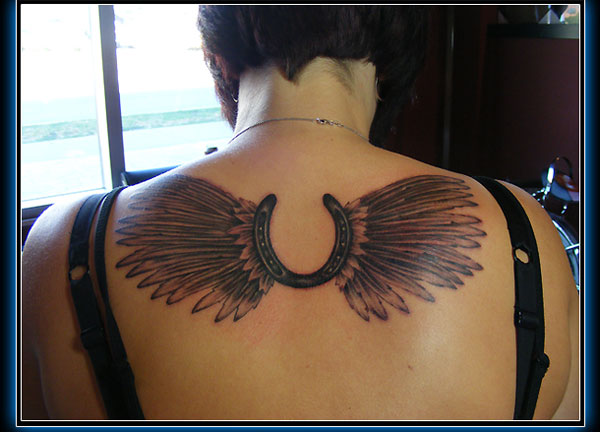 ative Wings Horse Shoe Tattoo On Upper Back