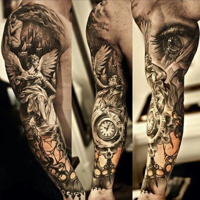 3D Angel With Pocket Watch Tattoo On Man Right Full Sleeve