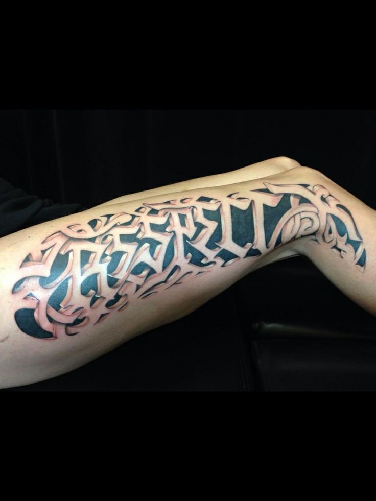 3D Respect Lettering Tattoo On Right Upper Leg By Sausage