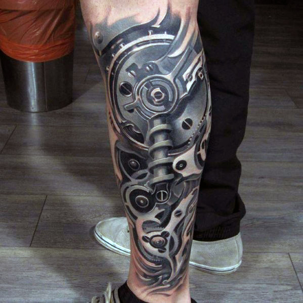 3D Ripped Skin Biomechanical Tattoo On Left Leg By Piotr Deadi Dedel