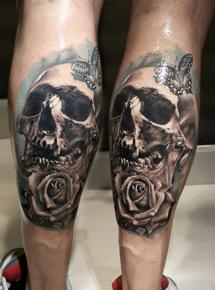 3D Skull With Rose And Butterfly Tattoo On Both Leg Calf