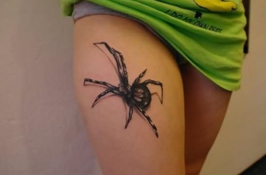 3D Spider Tattoo On Right Upper Leg