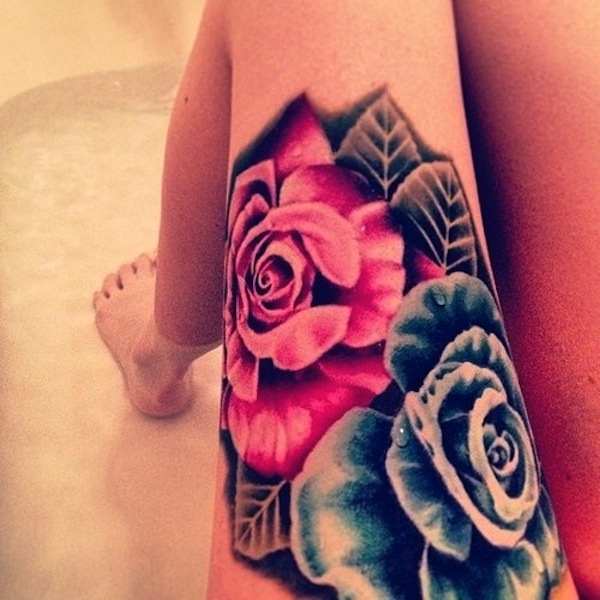 3D Two Rose Tattoo On Left Upper Leg