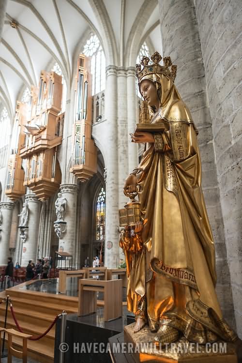 A Statue Of Saint Gudula At The St. Michael And St. Gudula Cathedral