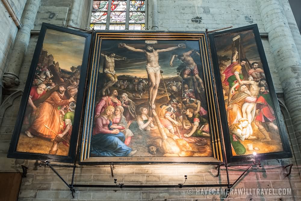 A Triptych Painting Of The Crucifixion Of Christ At The Cathedral of St. Michael and St. Gudula