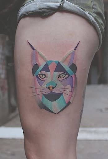 Abstract Grumpy Cat Tattoo On Side Thigh