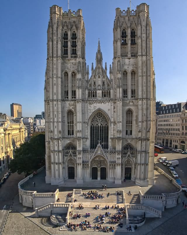 Aerial Front View Of The Cathedral of St. Michael and St. Gudula In Brussels