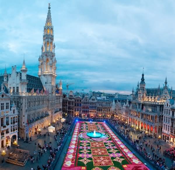 Aerial View Of The Grand Place With Amazing Flowers Carpet Decoration