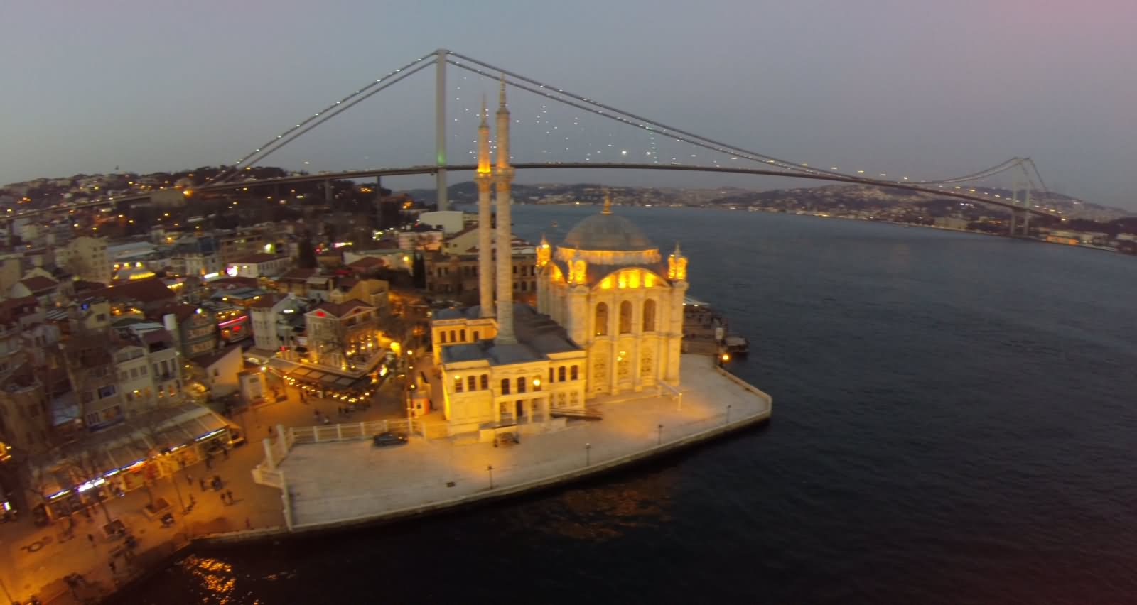 Aerial View Of The Ortakoy Mosque At Dusk