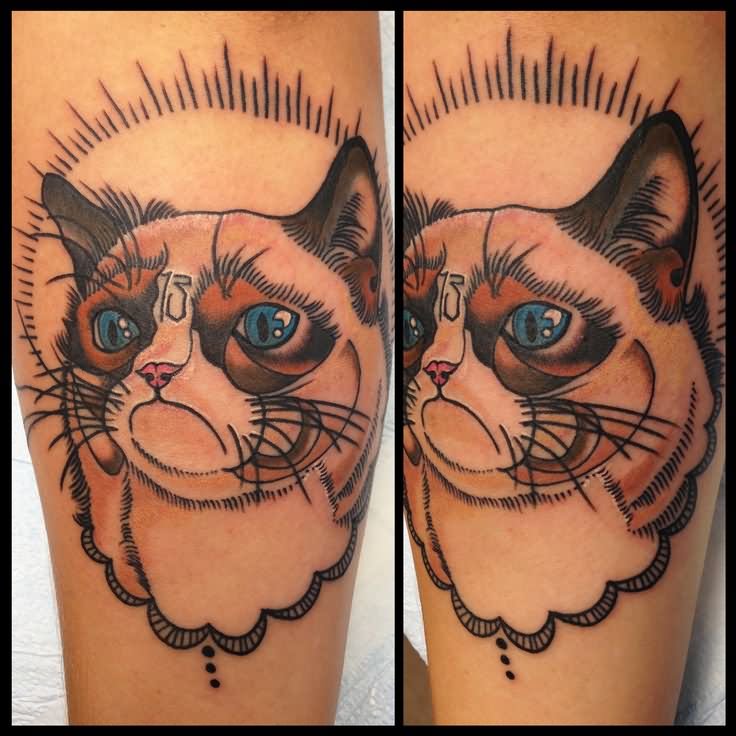 Amazing Color Ink Grumpy Cat Head Tattoo