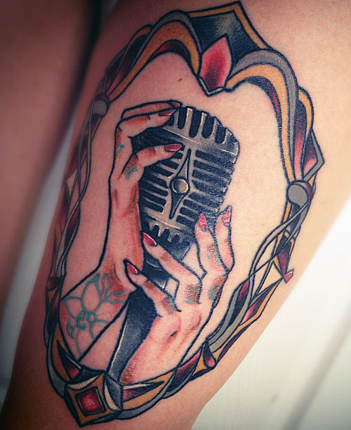 Amazing Color Microphone Tattoo On Leg