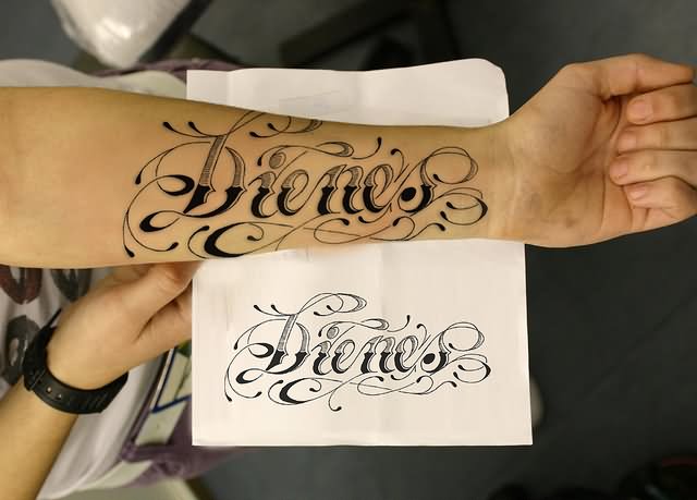 Amazing Dienes Name Tattoo On Left Forearm