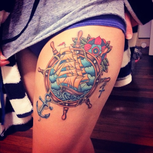 Anchor And Ship Tattoo On Left Thigh