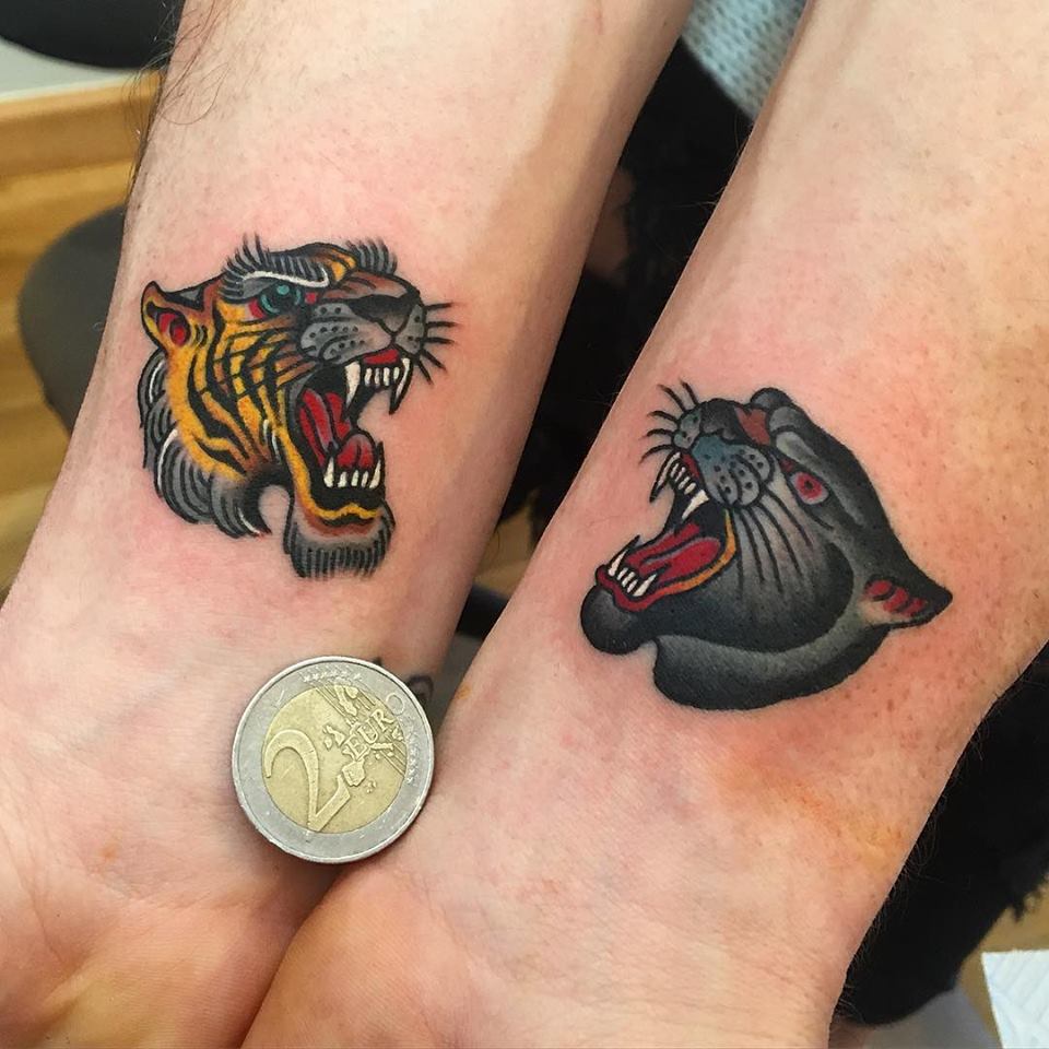 Angry Tiger And Panther Head Tattoos On Wrists by Samuele Briganti