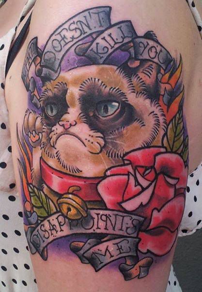 Banners And Grumpy Cat Tattoo On Left Half Sleeve
