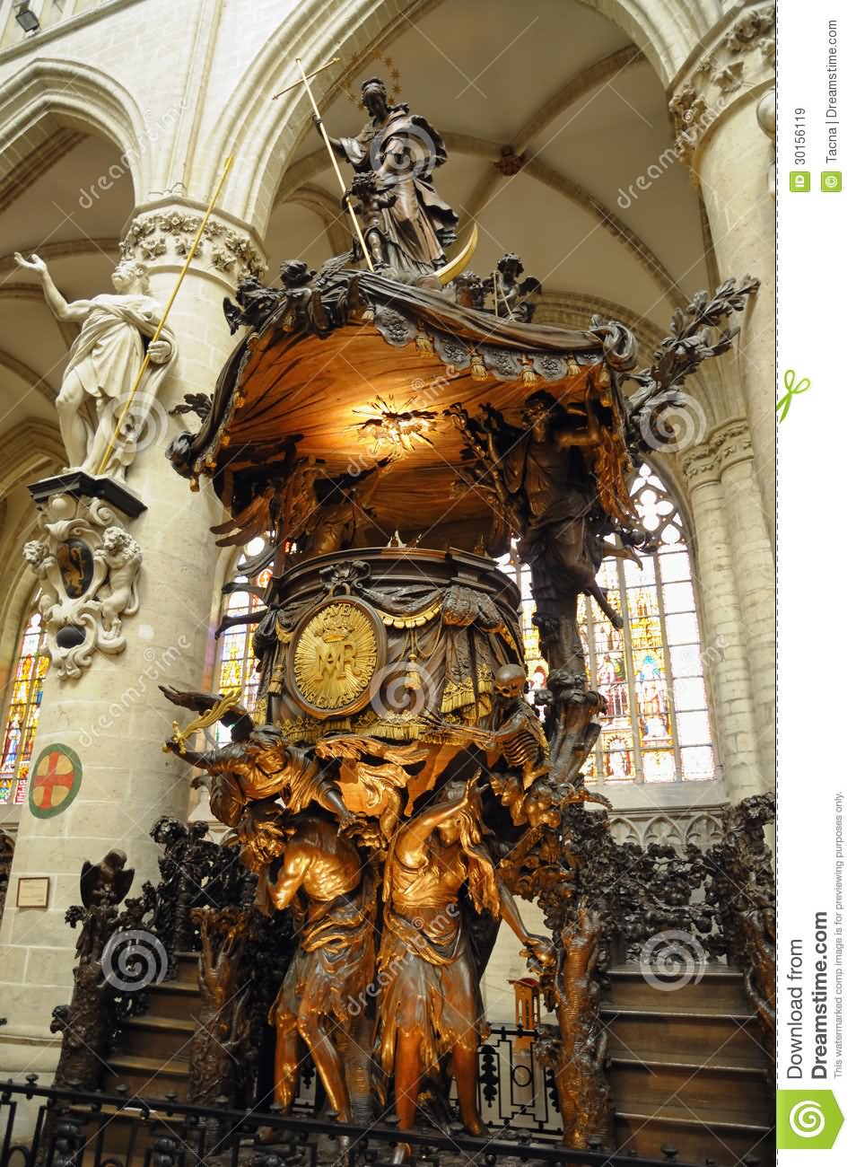 Baroque Pulpit by Hendrik Frans Verbruggen Inside Cathedral of St. Michael and St. Gudula