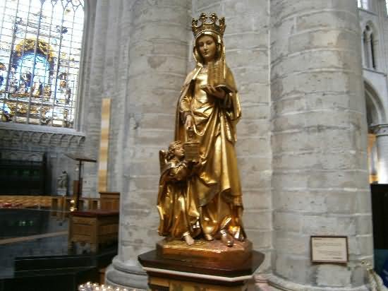 Beautiful Golden Saint Gudula Statue Inside The Cathedral of St. Michael and St. Gudula