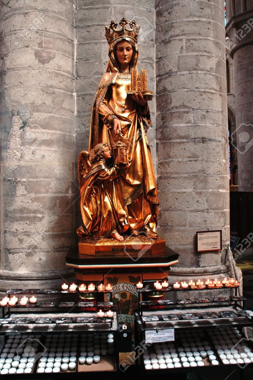 Beautiful Golden Statue of Saint Gudula At The St. Michael And St. Gudula Cathedral In Brussels