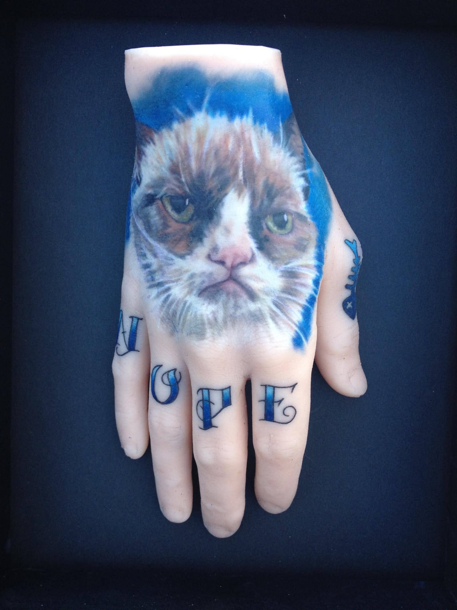 Beautiful Grumpy Cat Tattoo On Hand