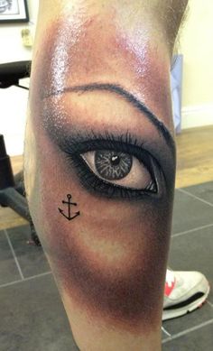 Black And Grey 3D Eye Tattoo Design For Leg Calf