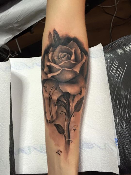 Black And Grey 3D Rose Tattoo On Right Forearm