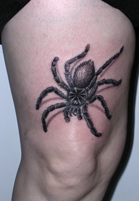 Black And Grey 3D Spider Tattoo Design For Upper Leg