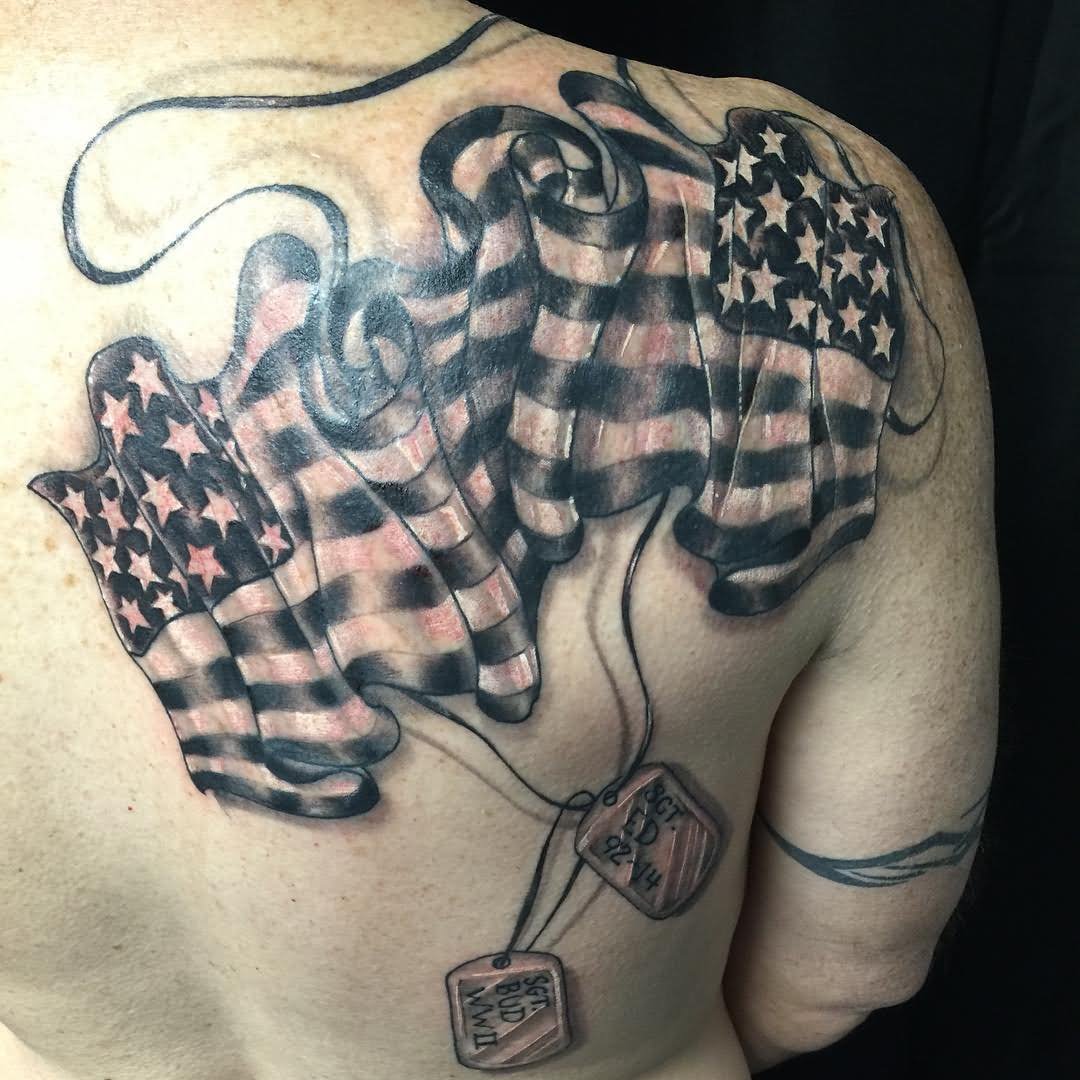 Black And Grey 3D USA Flag With Tags Tattoo On Right Back Shoulder.