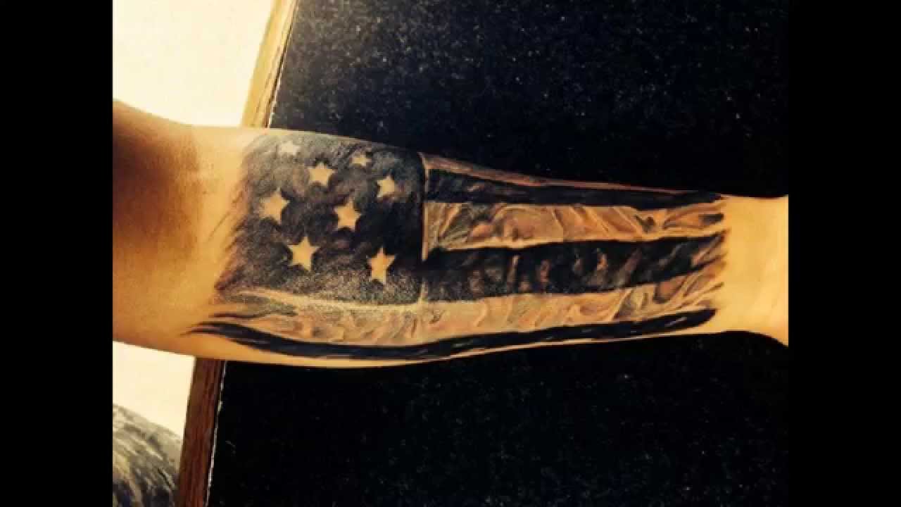 Black And Grey American Flag Tattoo On Left Forearm