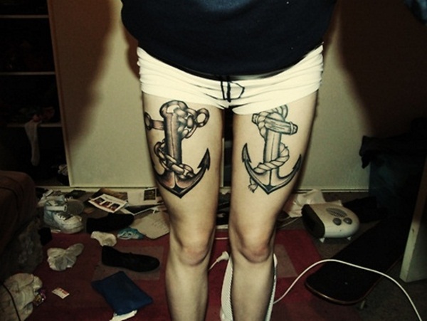 Black And Grey Anchor Tattoo On Both Upper Leg