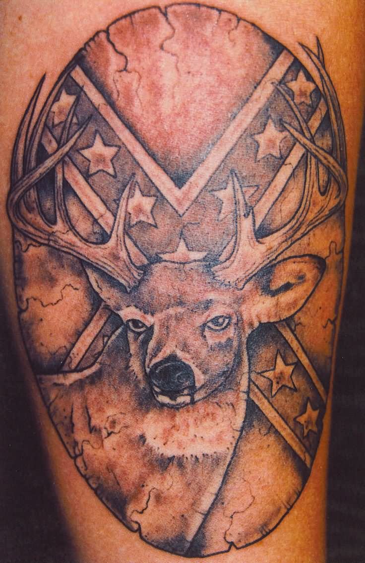 Black And Grey Deer Head With Rebel Flag Tattoo Design For Sleeve