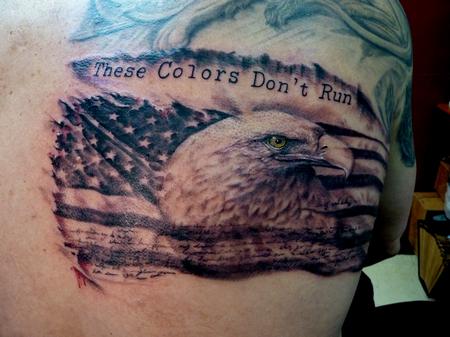 Black And Grey Eagle Head With USA Flag Tattoo Design For Back