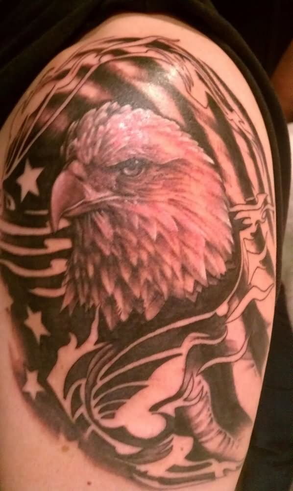 Black And Grey Eagle Head With USA Flag Tattoo On Shoulder By Mike Clave
