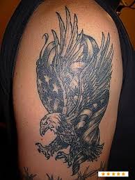Black And Grey Eagle With Flag Tattoo Design For Half Sleeve
