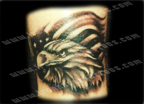 Black And Grey Eagle With Flag Tattoo Design For Sleeve