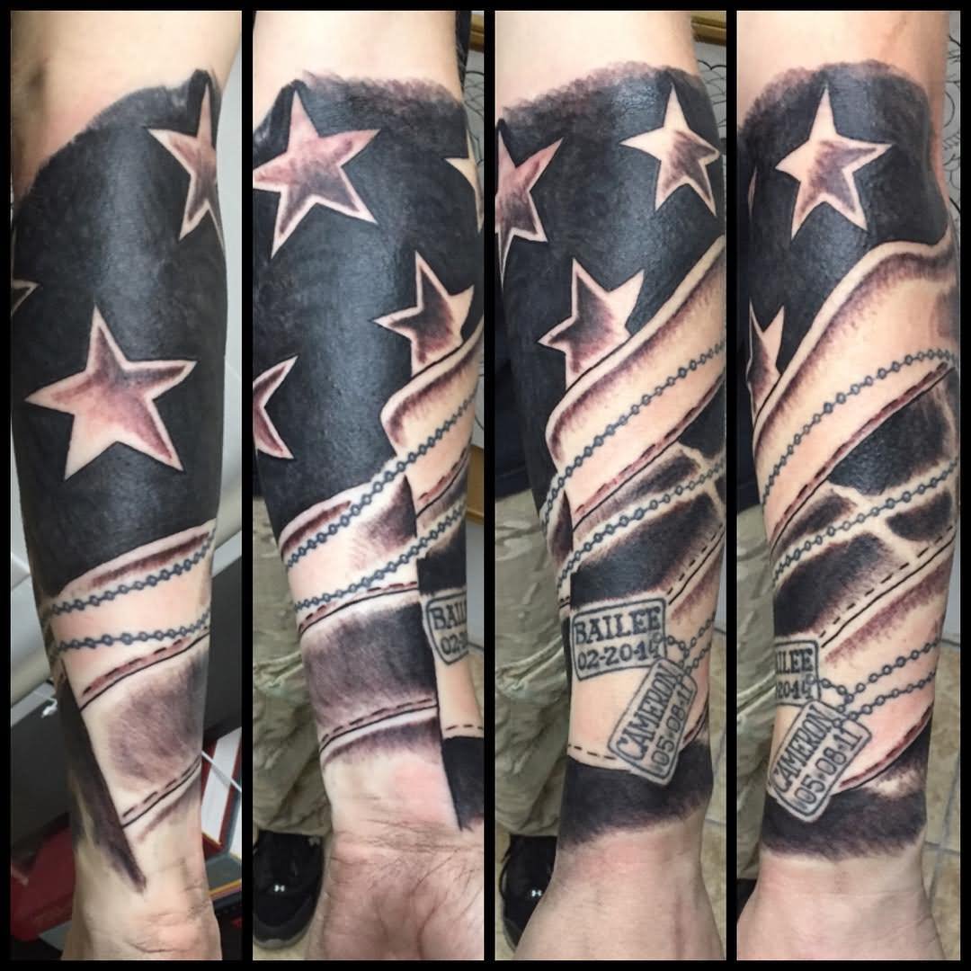 Black And Grey Flag With Tags Tattoo On Forearm