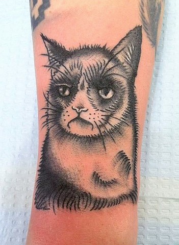 Black And Grey Grumpy Cat Tattoo by Cassandra Knox